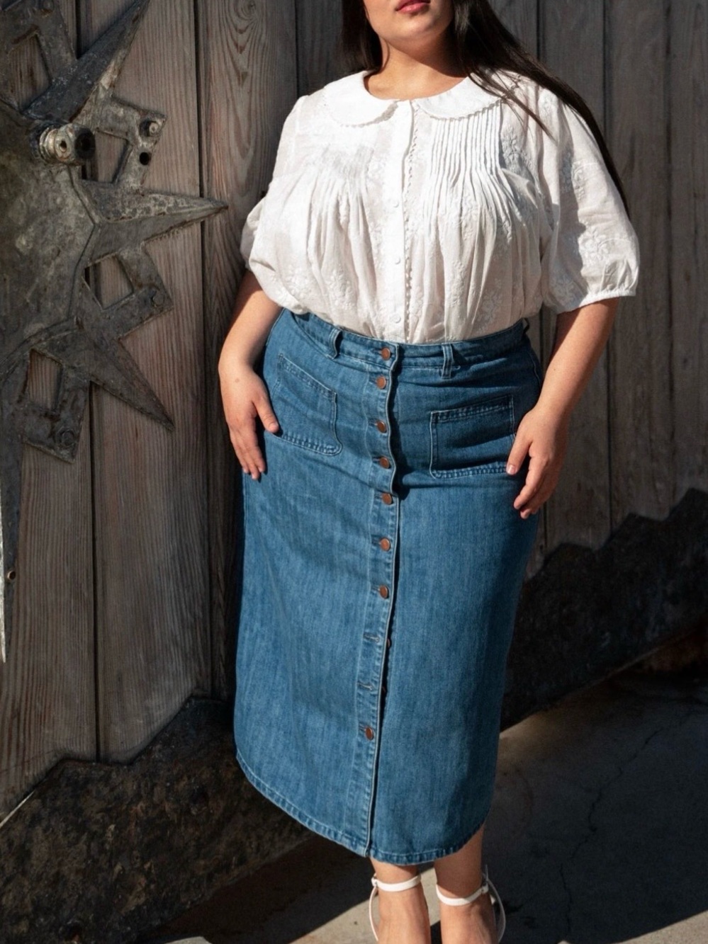 Ivy City Co Emma Button-Front Blue Denim Midi Skirt